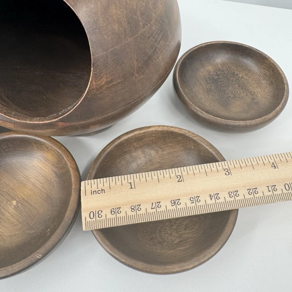 Wood Family Snack Orb Sphere Spoon & 4 personal Snack bowls VINTAGE With Tags